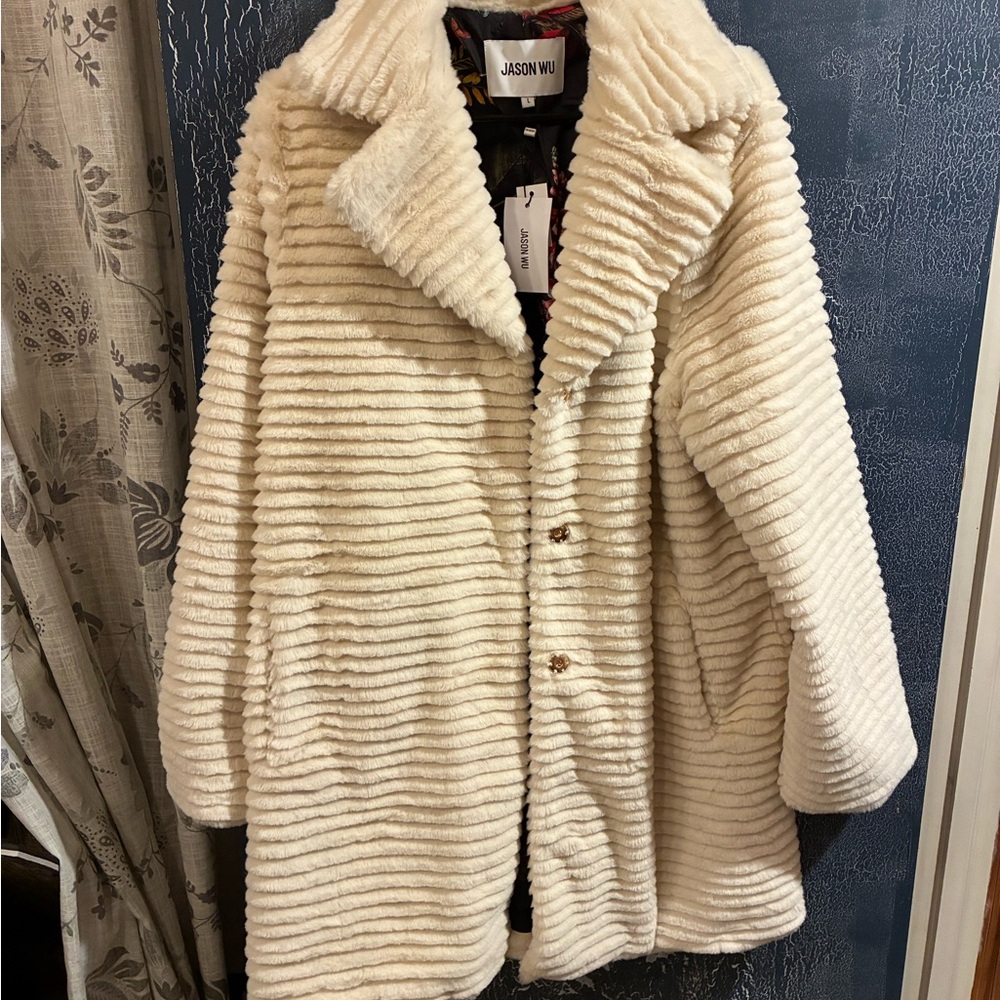Jason Wu Ribbed Faux Fur Women's Coat - Cream with Floral Interior